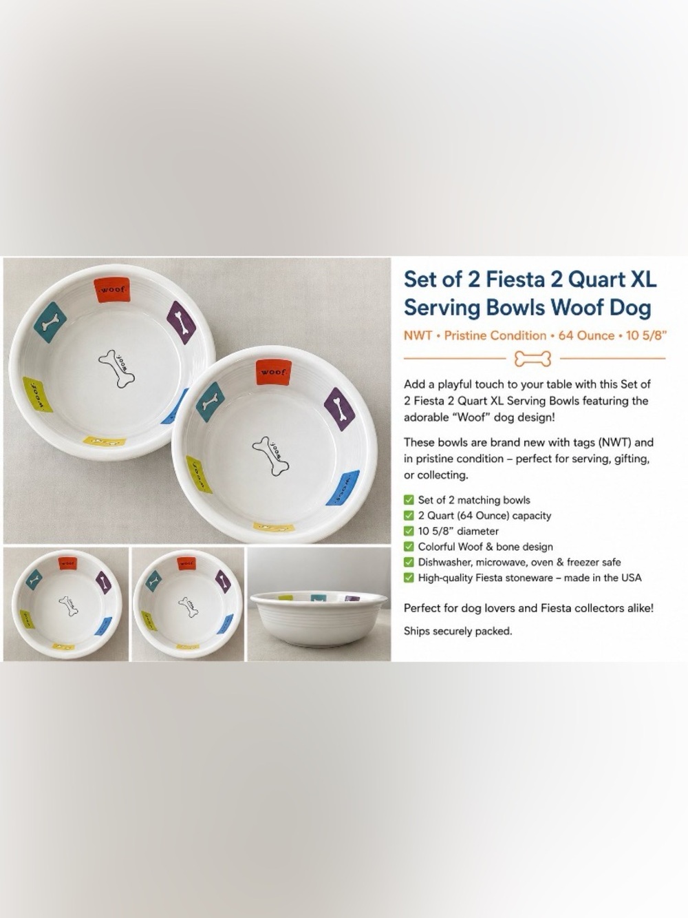 Set of 2 Fiesta 2 Quart XL Serving Bowls Woof Dog NWT Pristine 64 Ounce 10 5/8 “